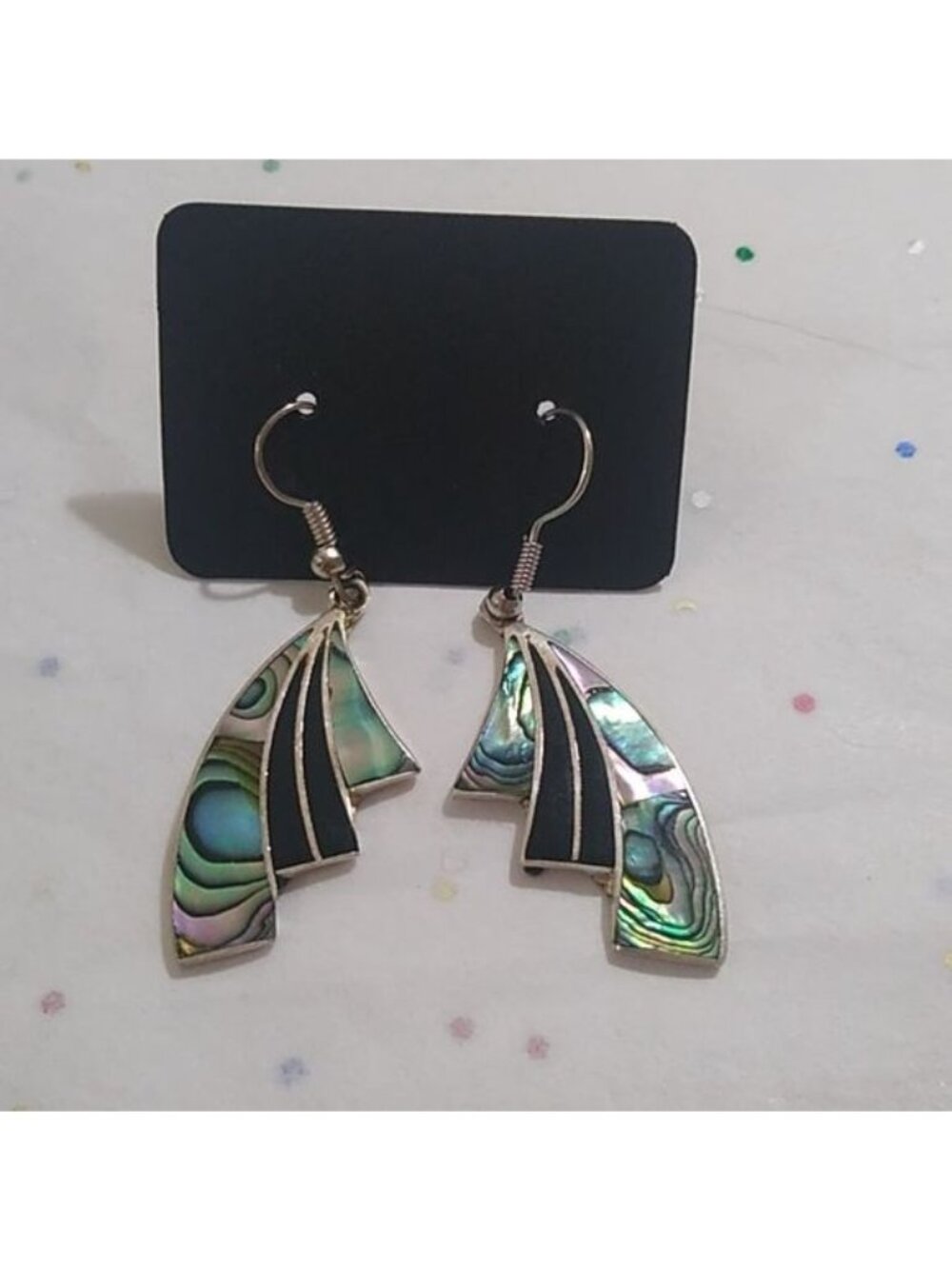 Alpaca Silver + Abalone Dangle Earrings, Mexico - Picture 2 of 5